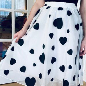 JCrew A-Line Skirt White Organza-Black Heart Print